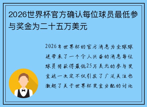 2026世界杯官方确认每位球员最低参与奖金为二十五万美元