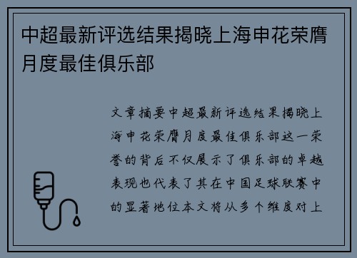 中超最新评选结果揭晓上海申花荣膺月度最佳俱乐部